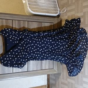 Long Navy Blue Short Sleeve Polka Dot Dress